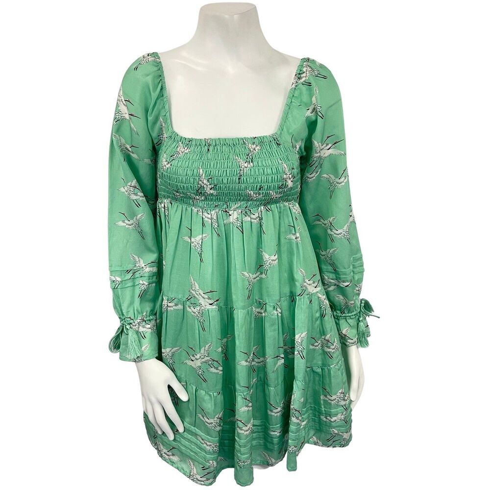Roller Rabbit Dress Smocked Babydoll Milkmaid‎ S Resort Cottage Sundress Green
